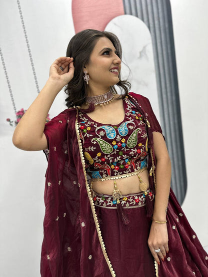 Fancy Embroidery Work Maroon Color Lehenga Choli With Strug