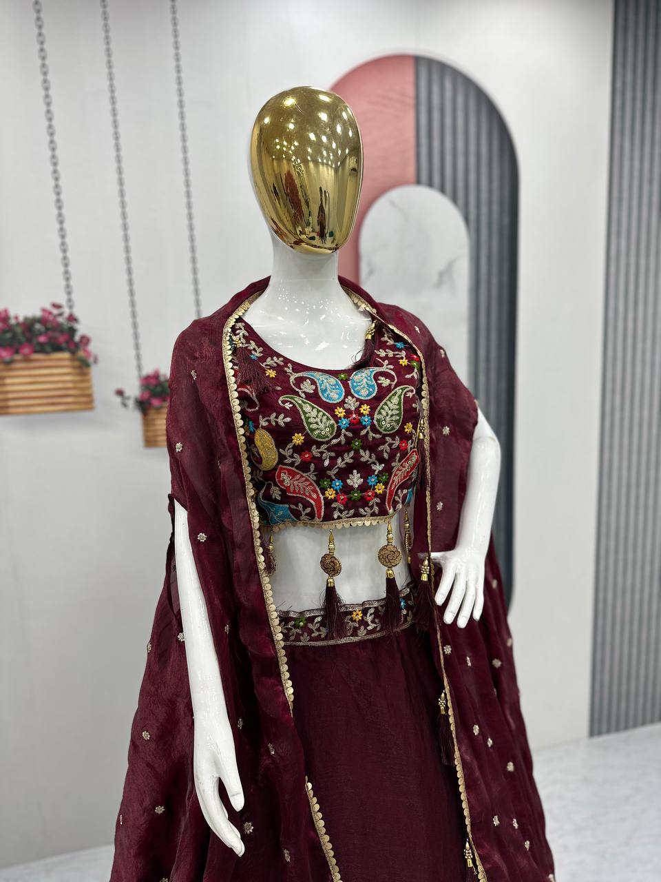 Fancy Embroidery Work Maroon Color Lehenga Choli With Strug