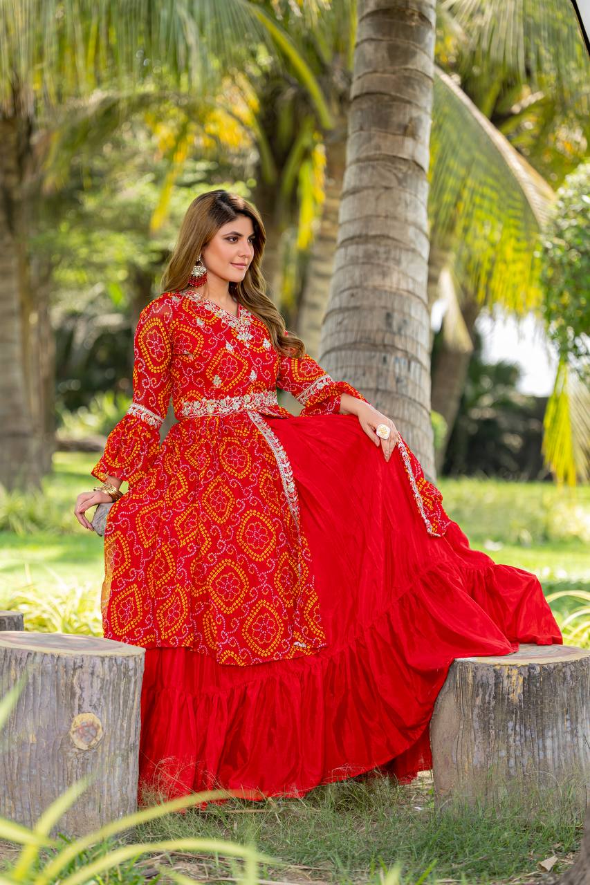 Stunning Bandhrej Orange Color Top With Lehenga