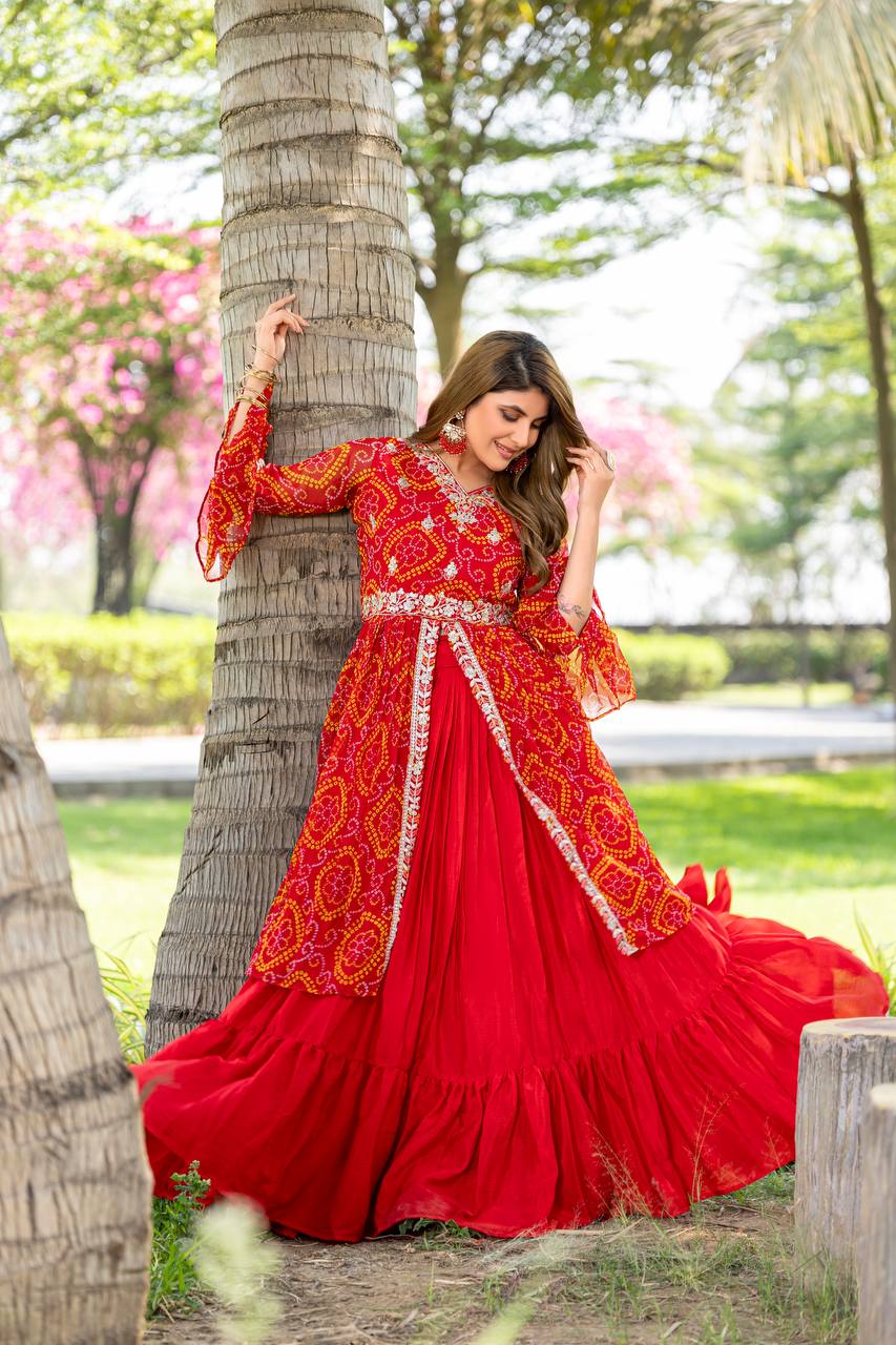Stunning Bandhrej Orange Color Top With Lehenga