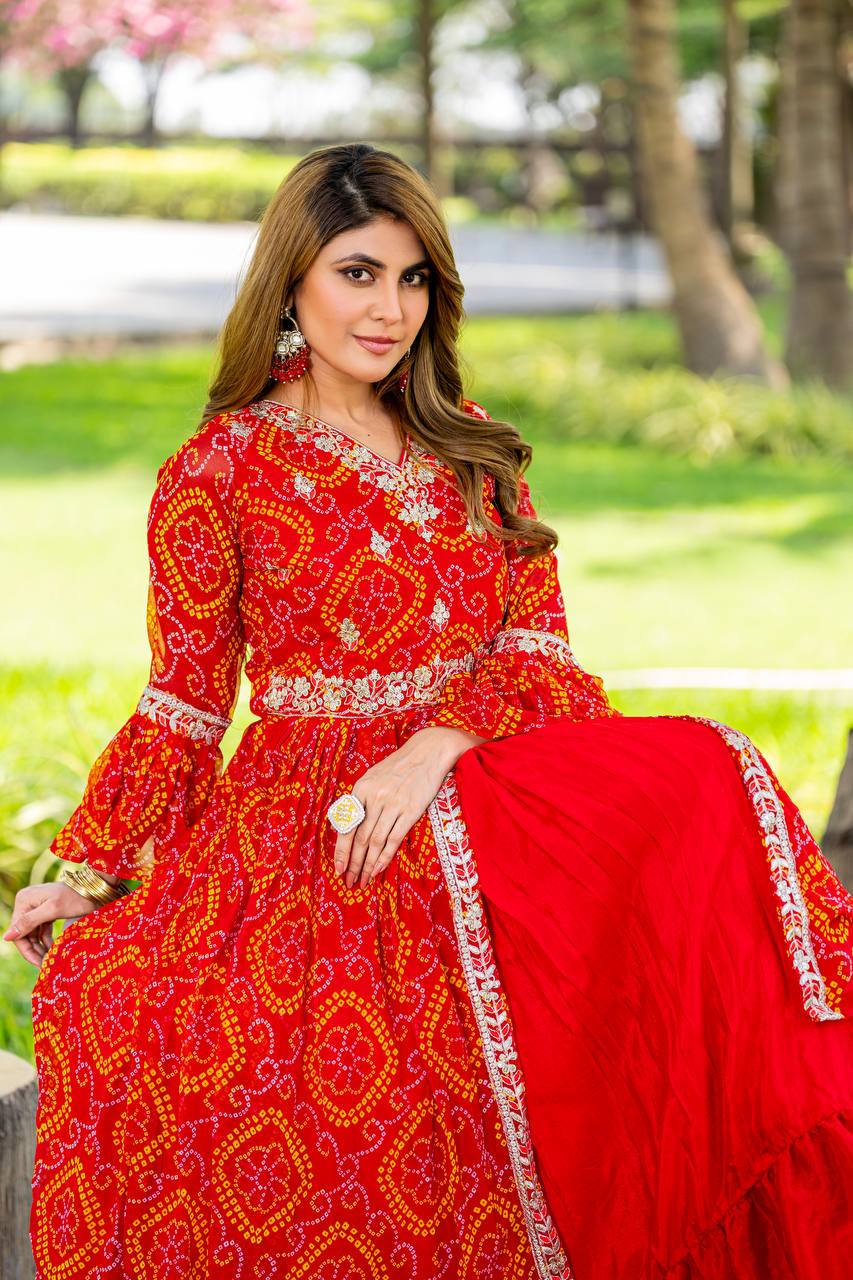 Stunning Bandhrej Orange Color Top With Lehenga