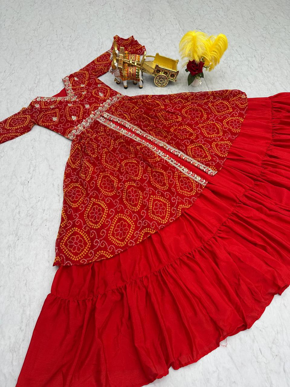 Stunning Bandhrej Orange Color Top With Lehenga