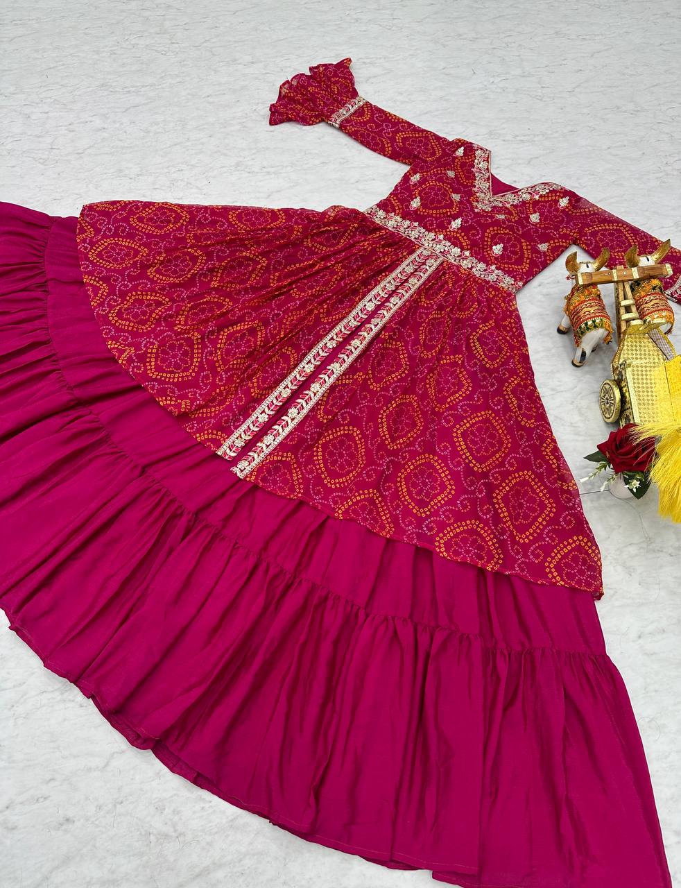 Stunning Bandhrej Pink Color Top With Lehenga