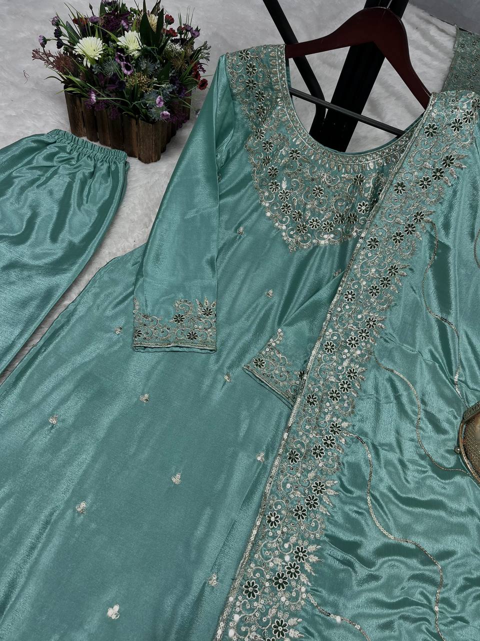 Fabulous Chinon Silk Sky Blue Color Salwar Suit