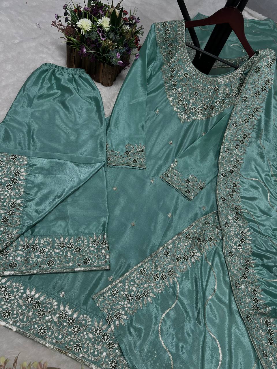 Fabulous Chinon Silk Sky Blue Color Salwar Suit