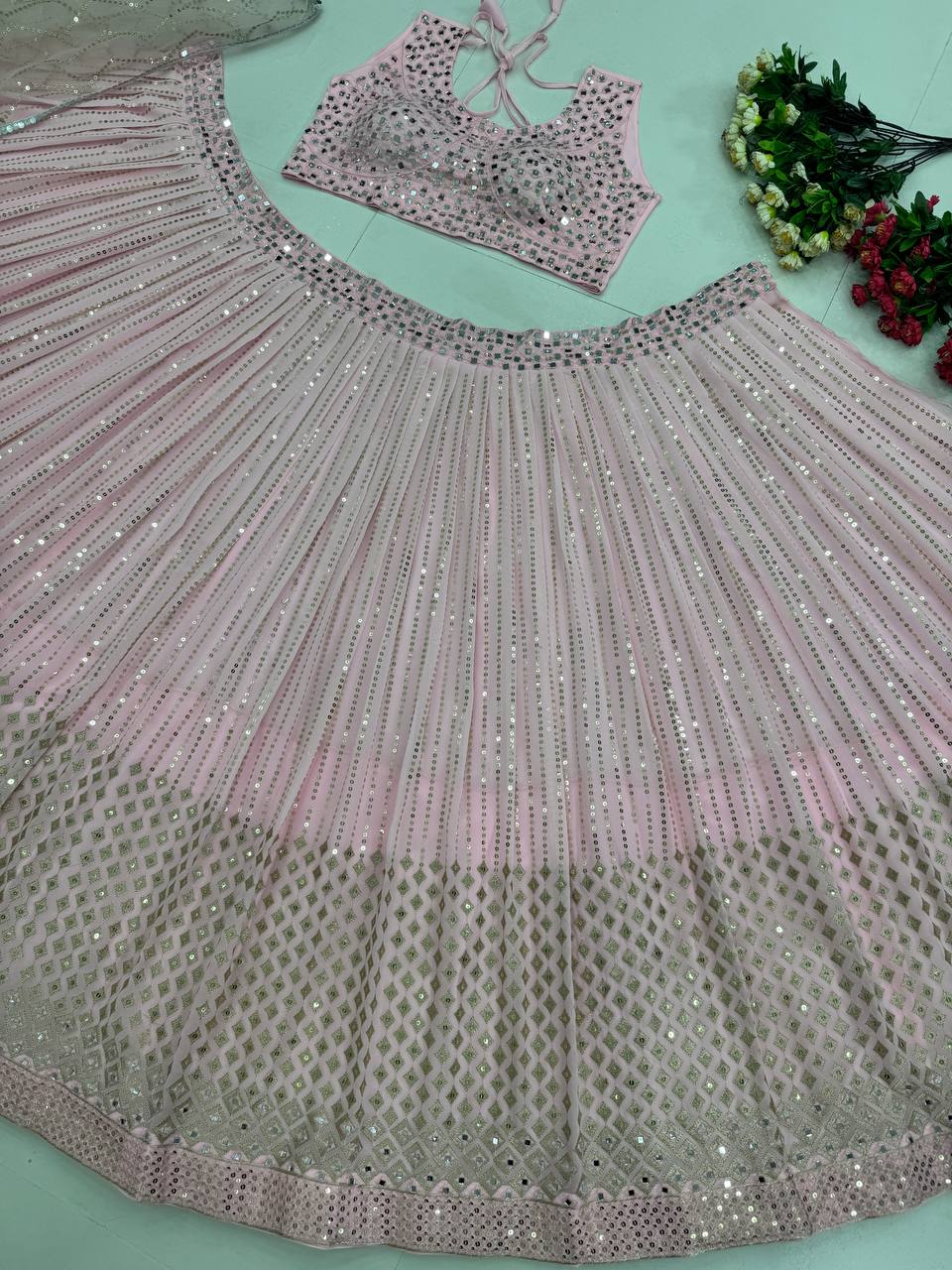 Wedding & Party Wear Real Mirror Hand Work Pink Color Lehenga Choli