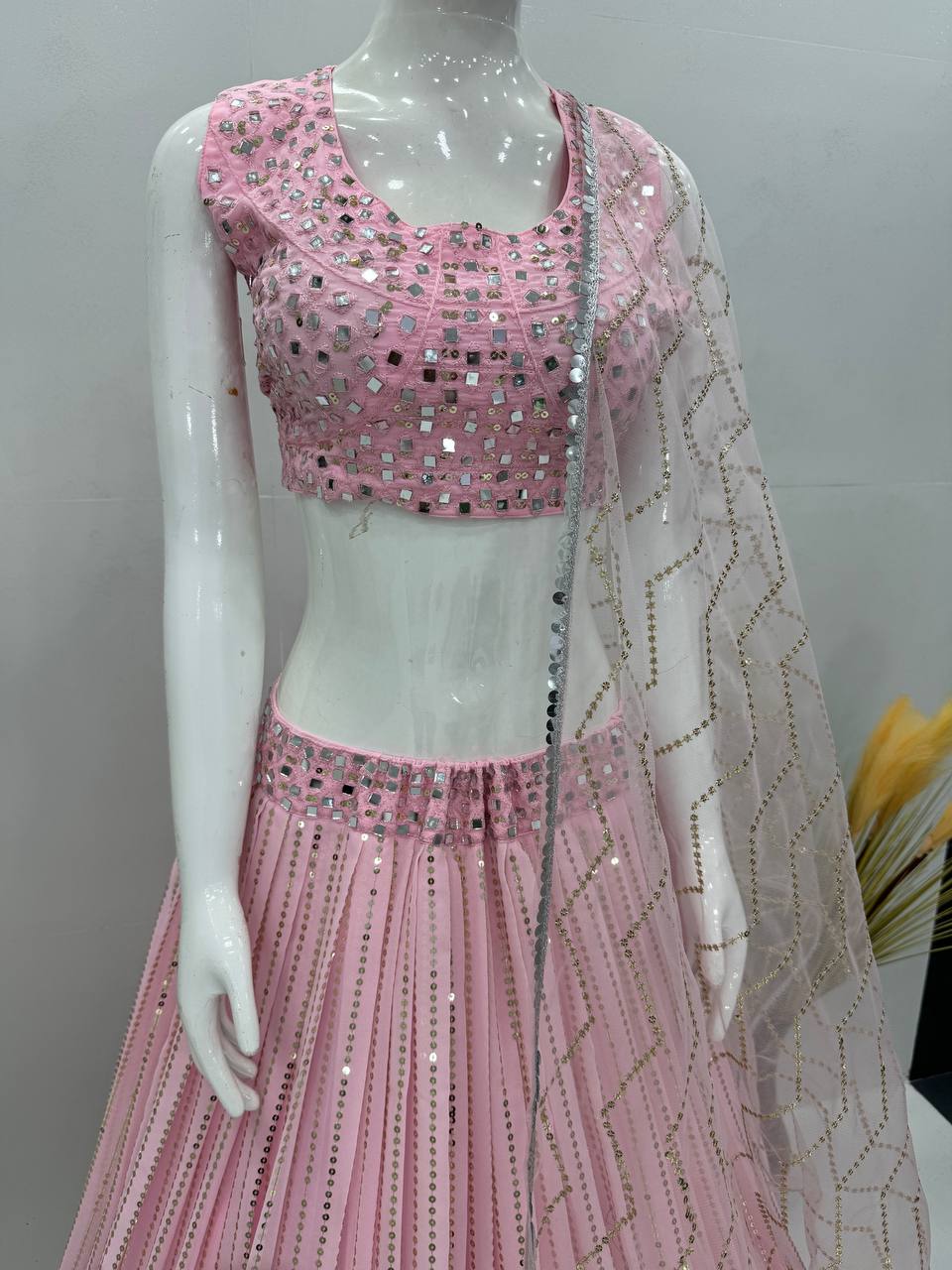 Wedding & Party Wear Real Mirror Hand Work Pink Color Lehenga Choli