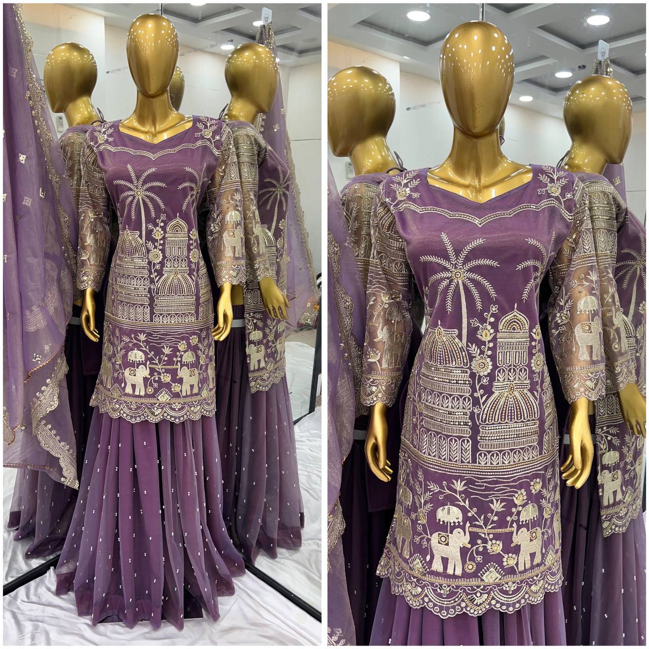 Classic Sequence Work Onion Color Sharara Suit