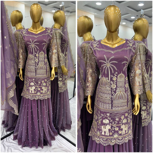 Classic Sequence Work Onion Color Sharara Suit