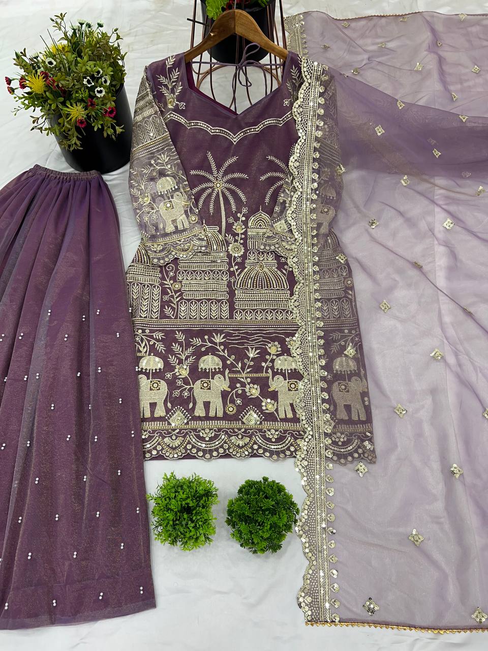 Classic Sequence Work Onion Color Sharara Suit