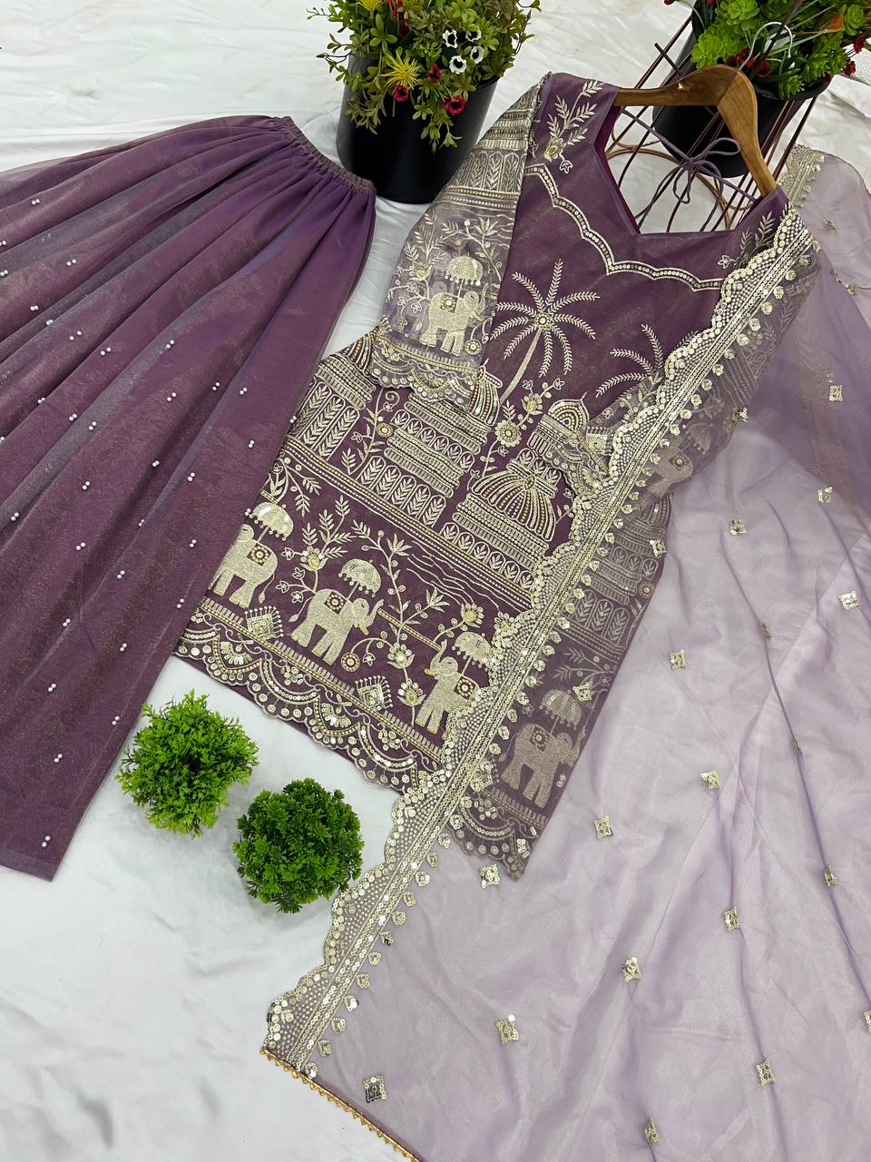 Classic Sequence Work Onion Color Sharara Suit