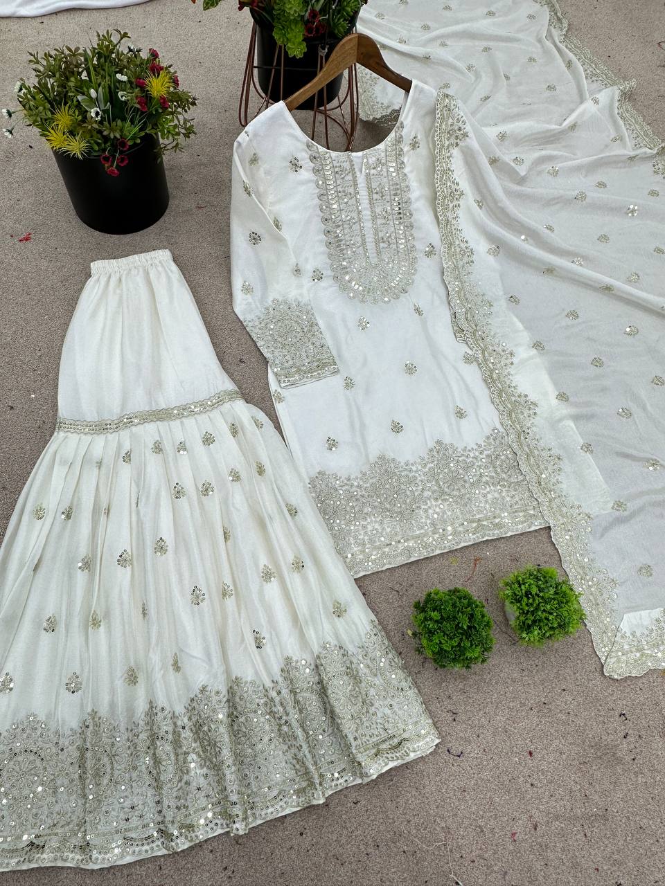 Glossy Chinnon Silk White Color Sharara Suit