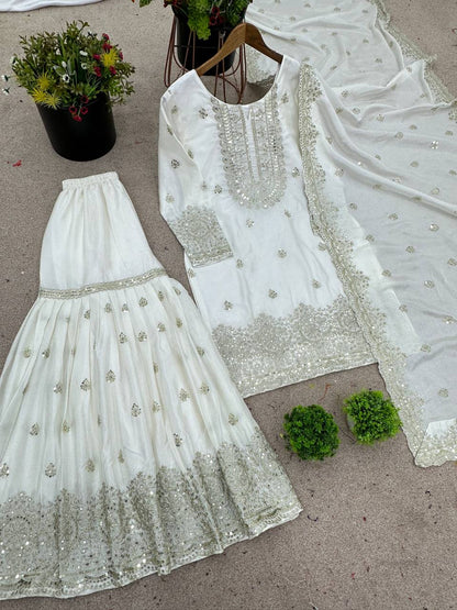 Glossy Chinnon Silk White Color Sharara Suit