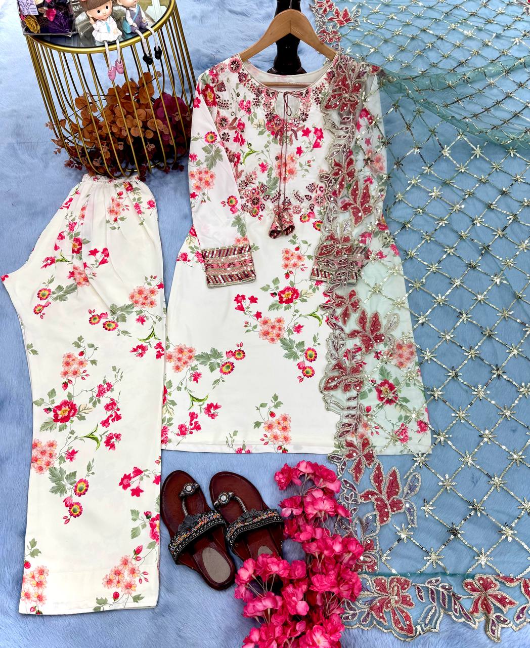 Exotic Modal Silk White Color Palazzo Suit