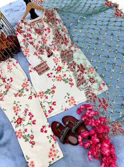 Exotic Modal Silk White Color Palazzo Suit