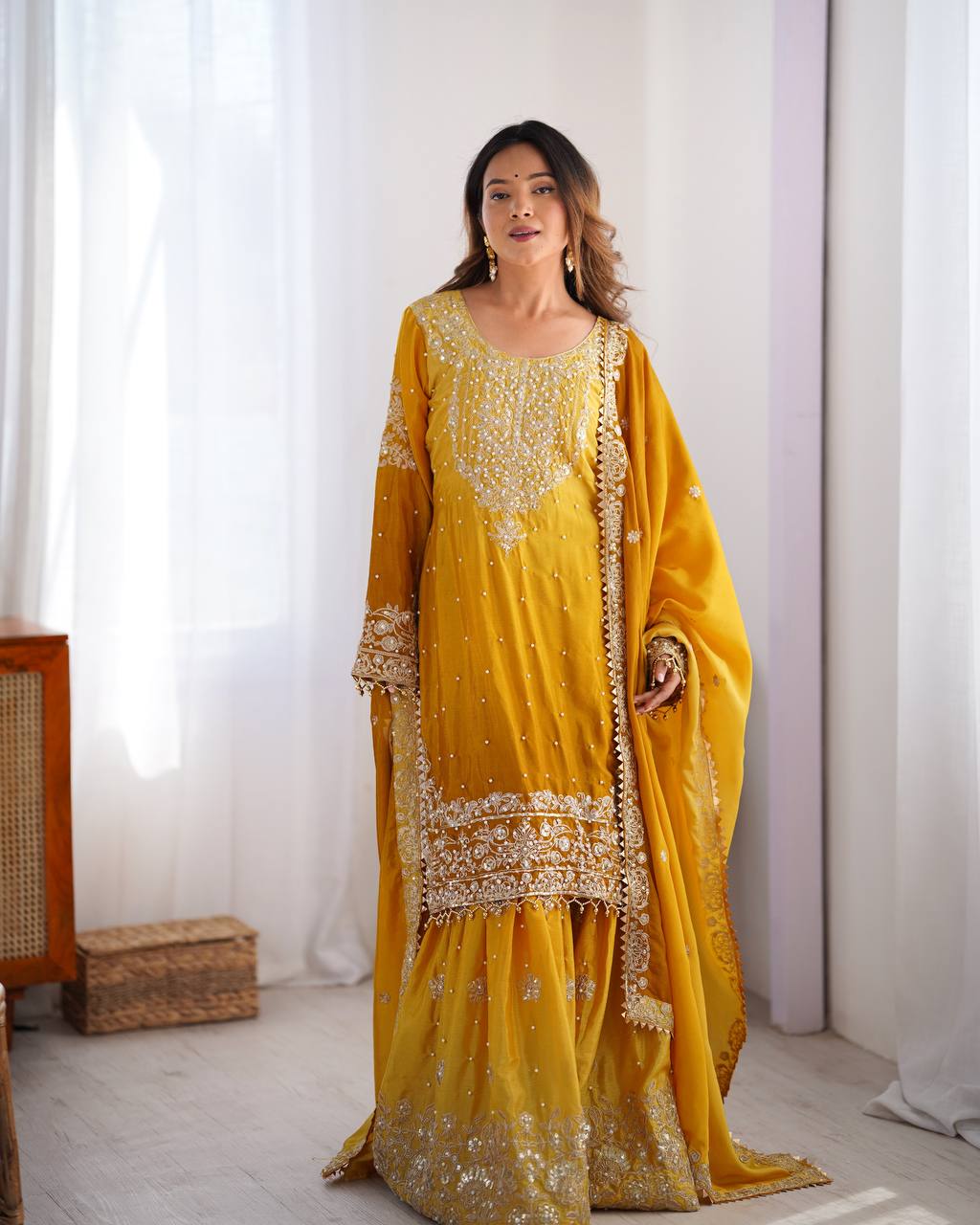 Good Looking Chinon Silk Rivet Moti Mustard Color Sharara Suit