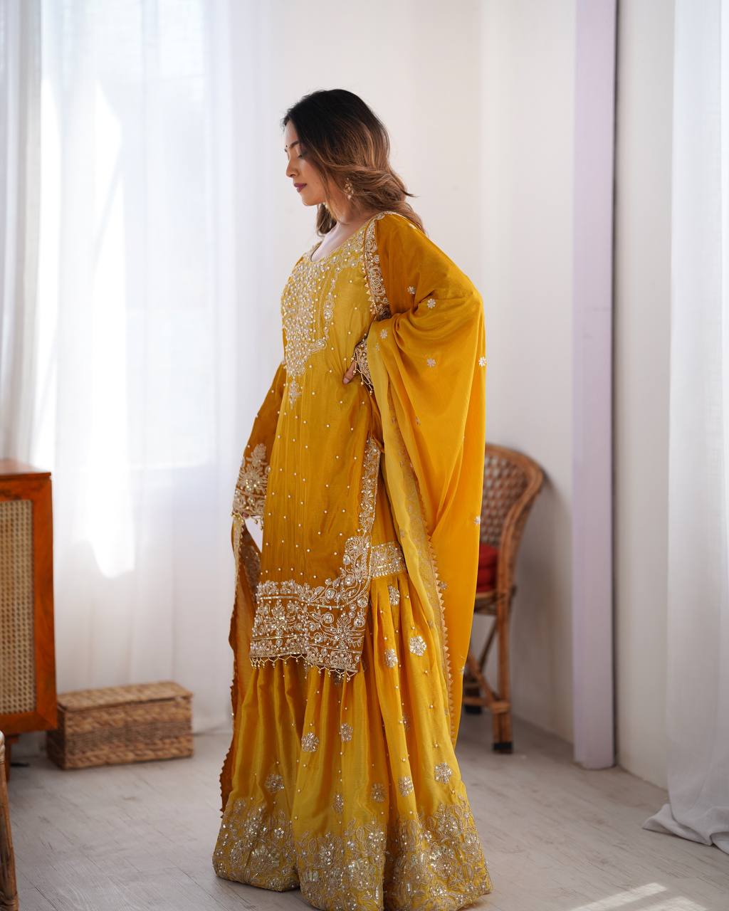Good Looking Chinon Silk Rivet Moti Mustard Color Sharara Suit