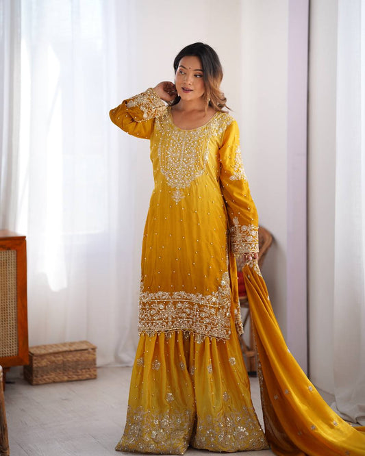 Good Looking Chinon Silk Rivet Moti Mustard Color Sharara Suit