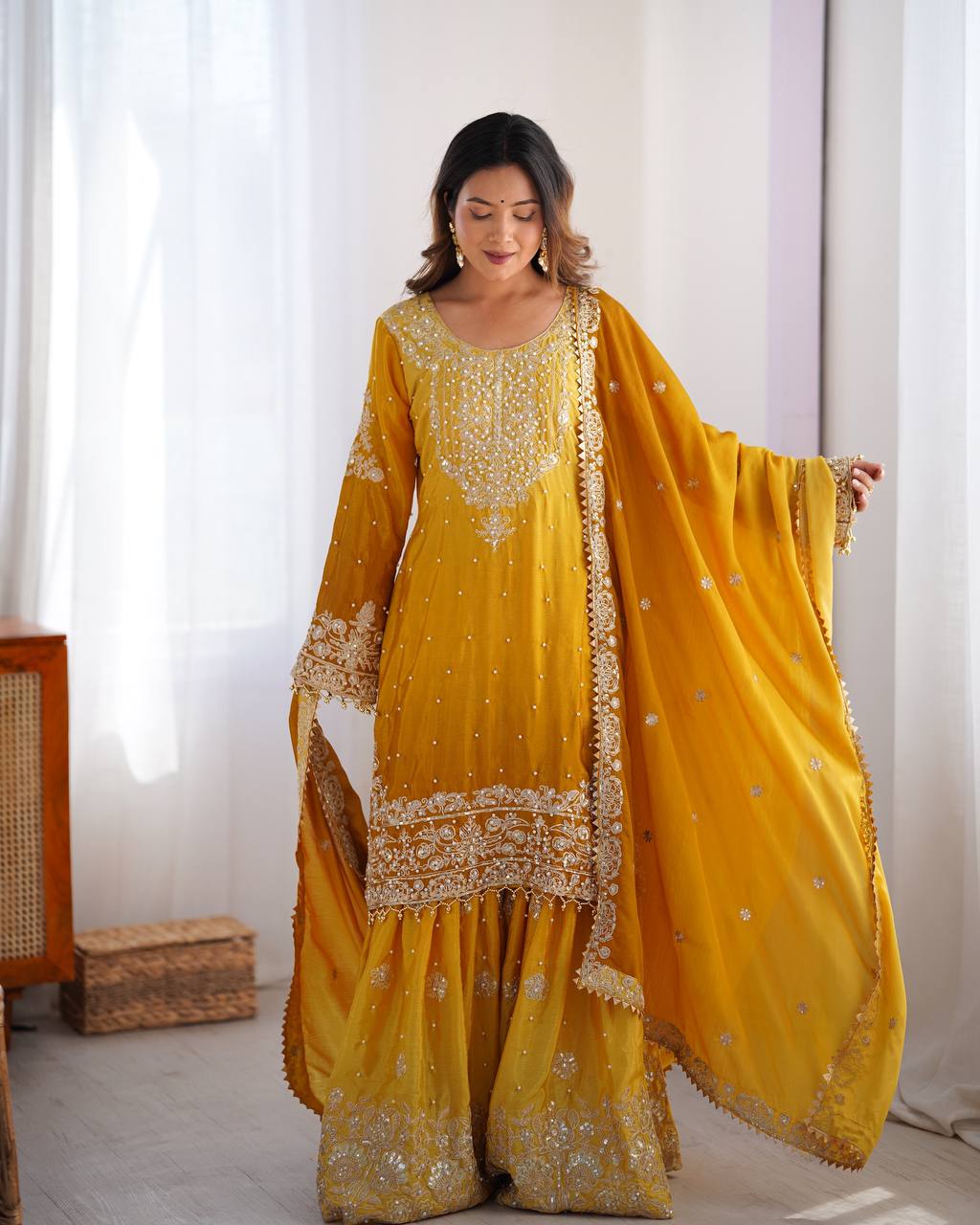 Good Looking Chinon Silk Rivet Moti Mustard Color Sharara Suit
