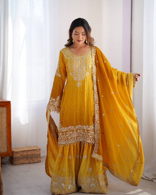 Good Looking Chinon Silk Rivet Moti Mustard Color Sharara Suit