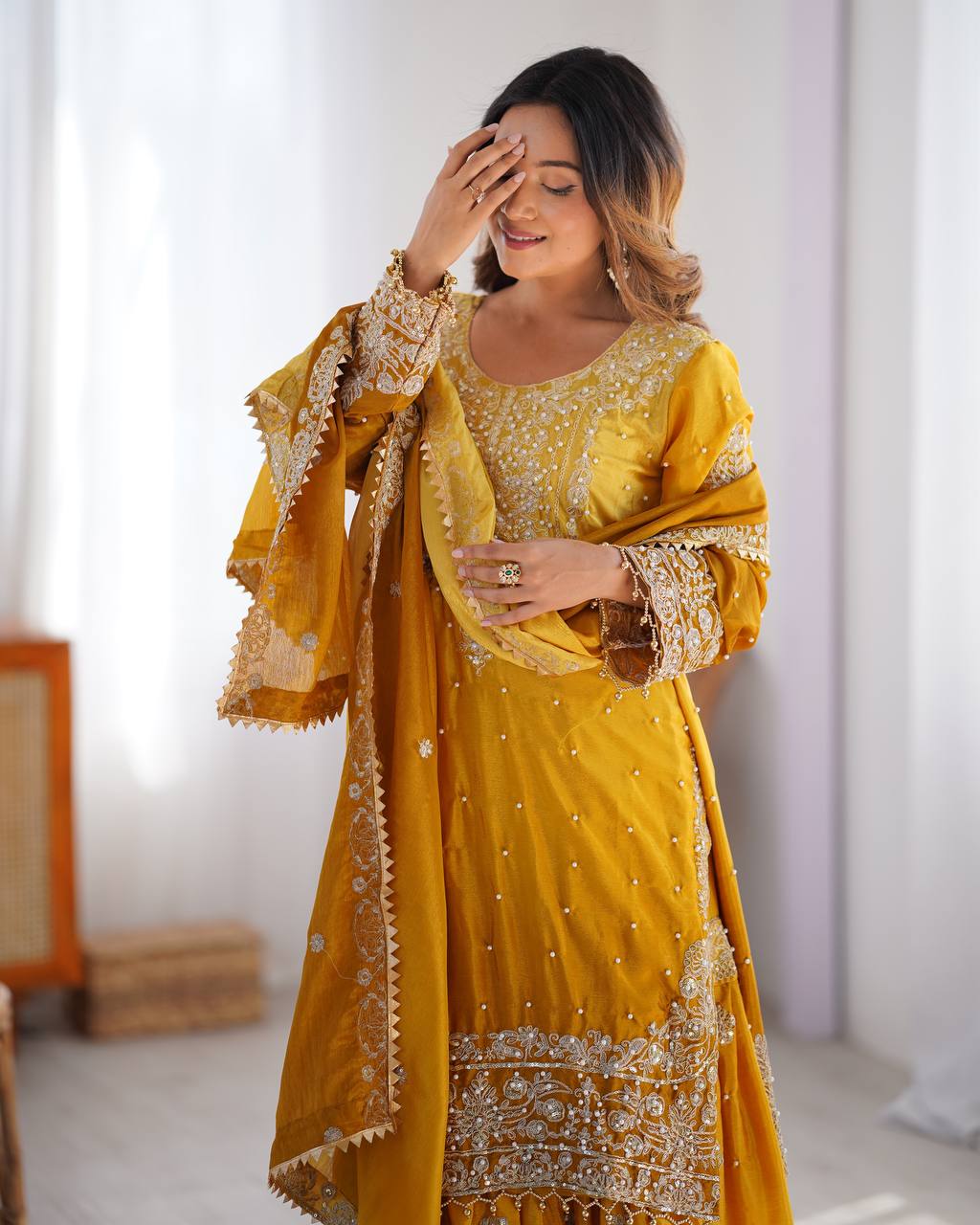 Good Looking Chinon Silk Rivet Moti Mustard Color Sharara Suit