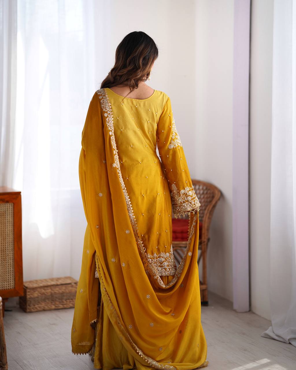 Good Looking Chinon Silk Rivet Moti Mustard Color Sharara Suit