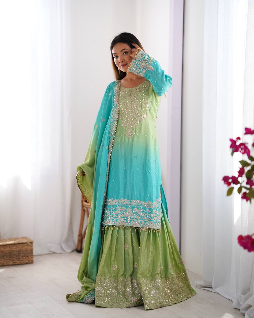 Good Looking Chinon Silk Rivet Moti Rama Color Sharara Suit