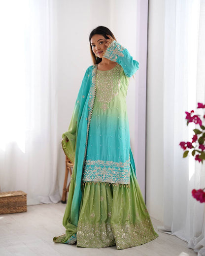 Good Looking Chinon Silk Rivet Moti Rama Color Sharara Suit