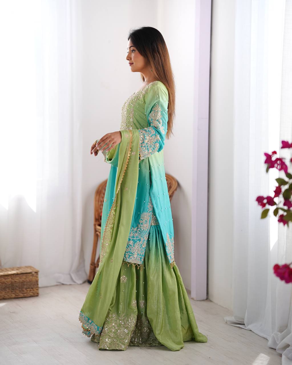 Good Looking Chinon Silk Rivet Moti Rama Color Sharara Suit
