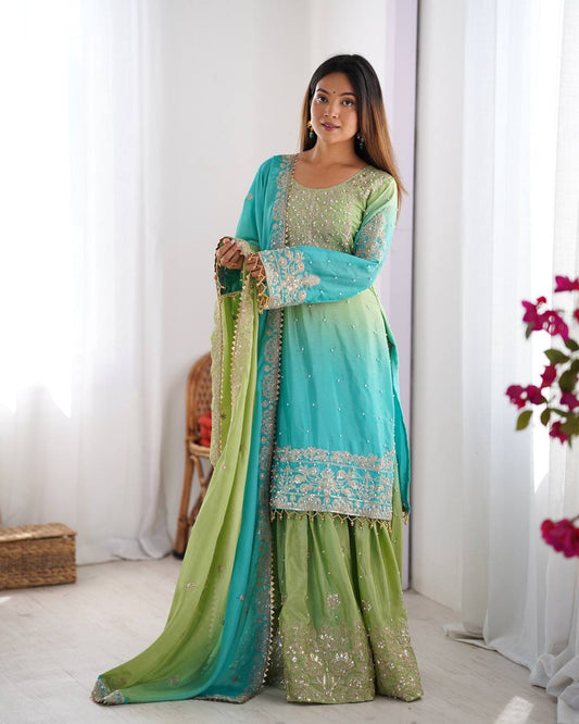 Good Looking Chinon Silk Rivet Moti Rama Color Sharara Suit