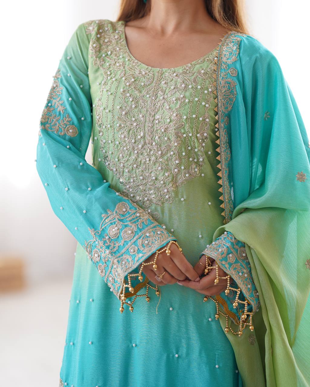 Good Looking Chinon Silk Rivet Moti Rama Color Sharara Suit