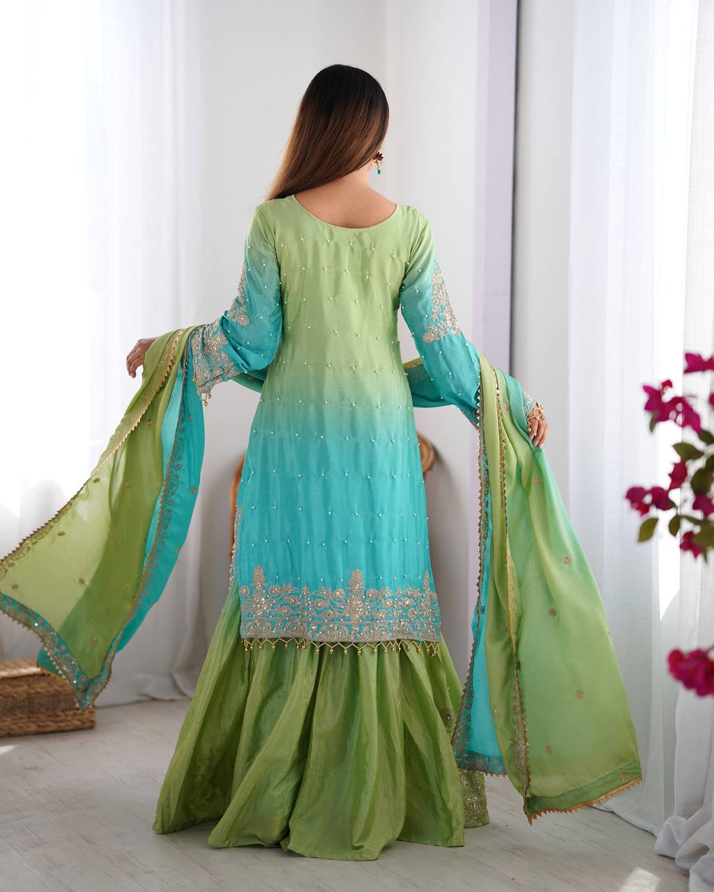 Good Looking Chinon Silk Rivet Moti Rama Color Sharara Suit