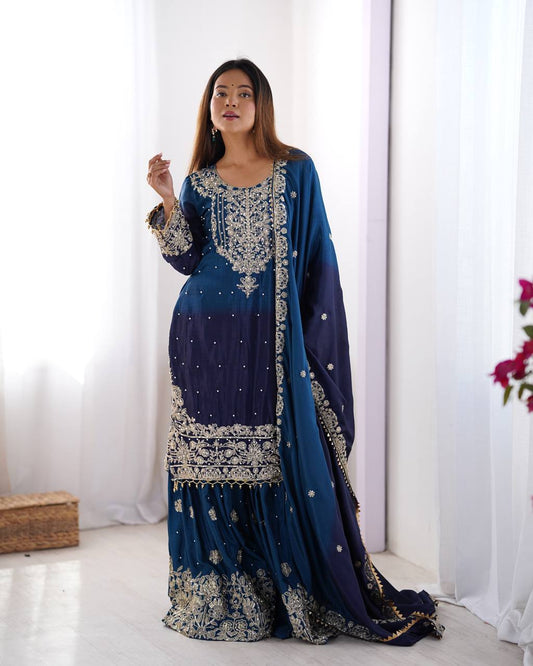 Good Looking Chinon Silk Rivet Moti Navy Blue Color Sharara Suit