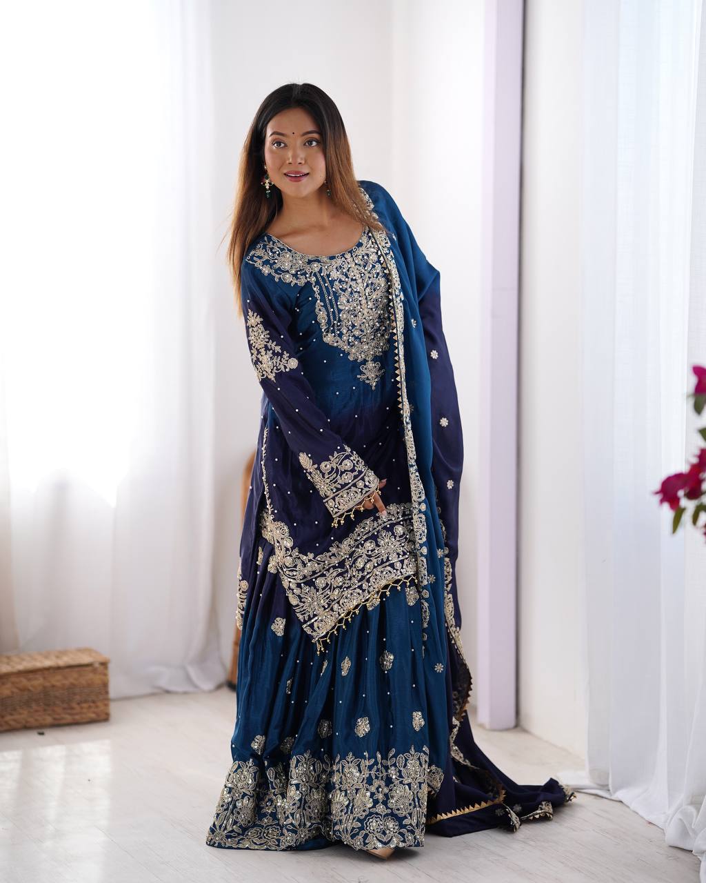 Good Looking Chinon Silk Rivet Moti Navy Blue Color Sharara Suit