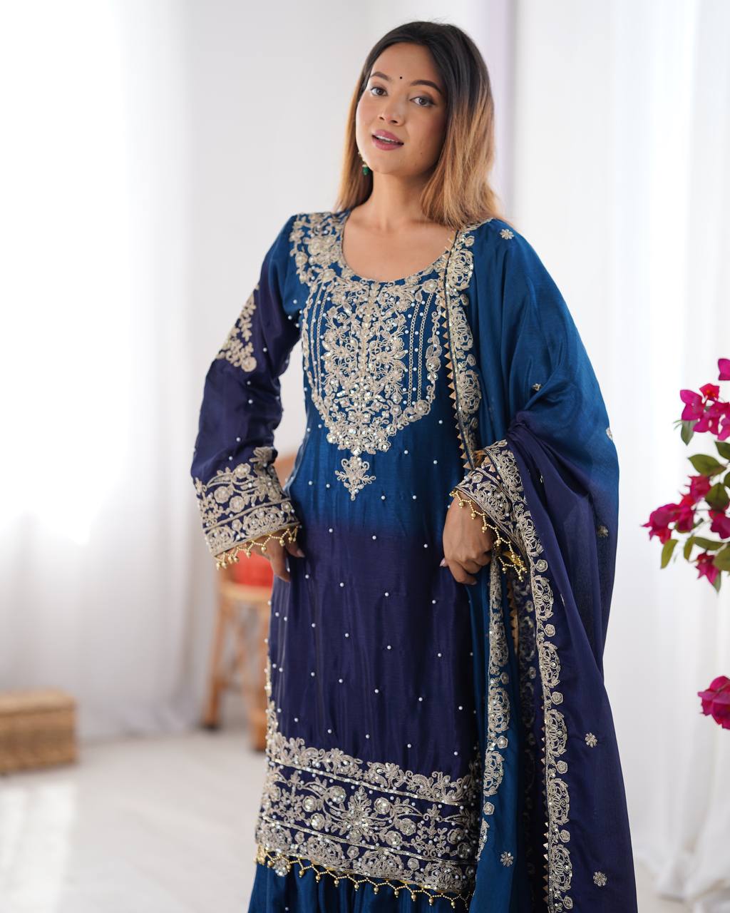 Good Looking Chinon Silk Rivet Moti Navy Blue Color Sharara Suit