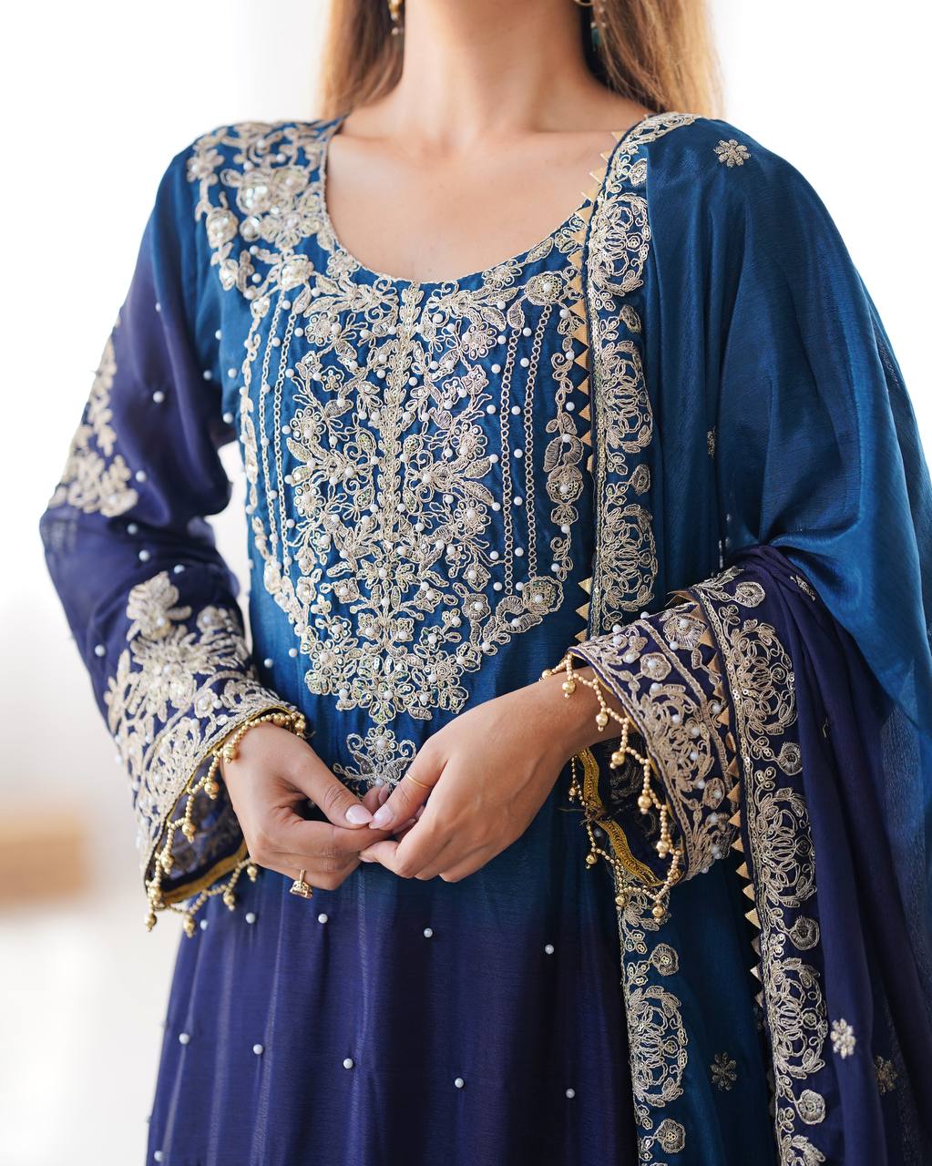 Good Looking Chinon Silk Rivet Moti Navy Blue Color Sharara Suit
