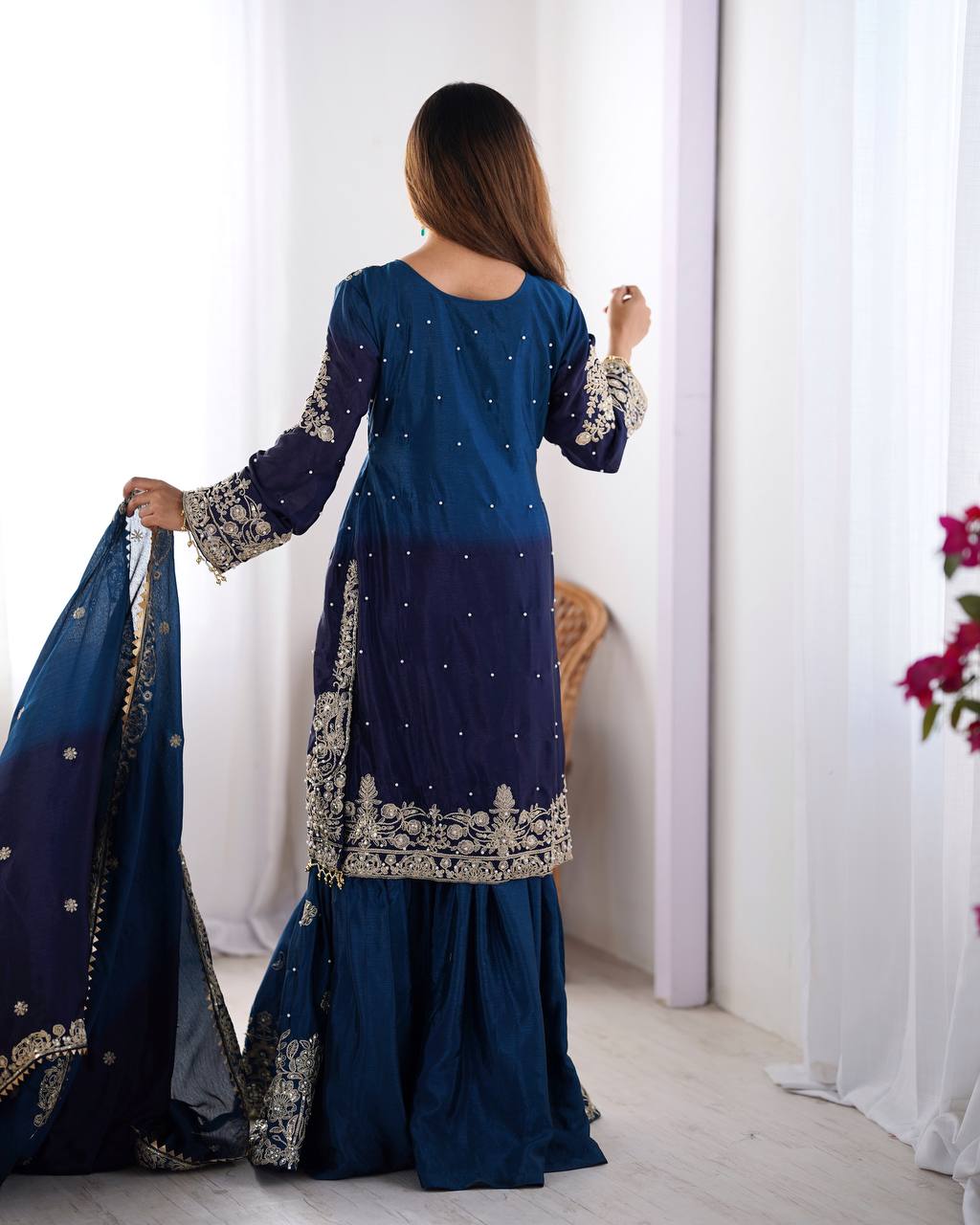 Good Looking Chinon Silk Rivet Moti Navy Blue Color Sharara Suit