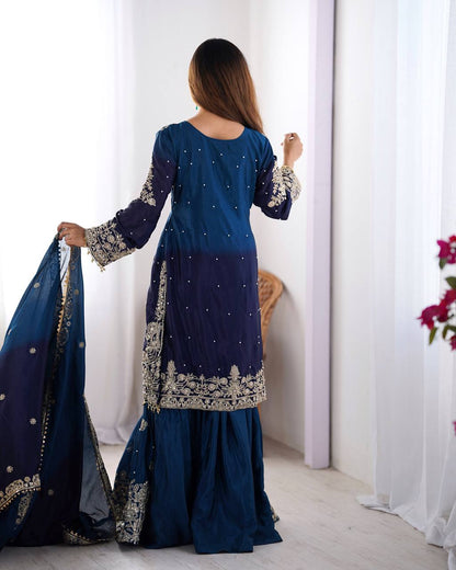 Good Looking Chinon Silk Rivet Moti Navy Blue Color Sharara Suit