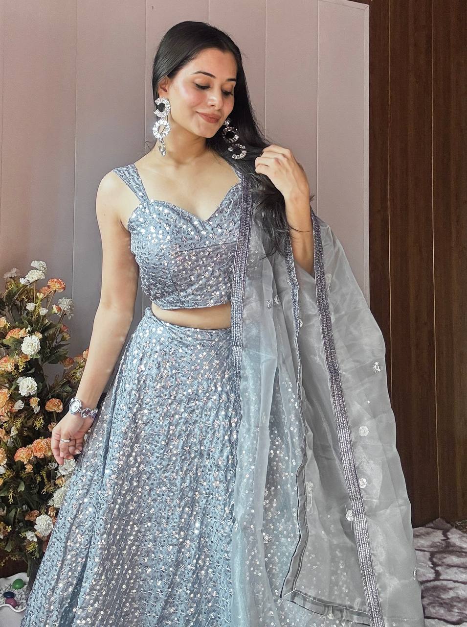 Luxuriant Sequence Work Silver Color Lehenga Choli