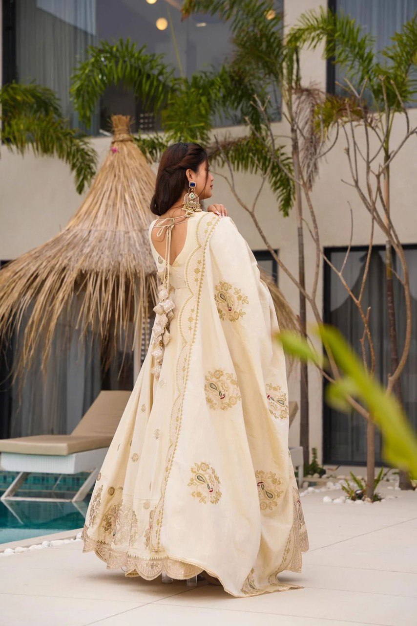 Outstanding Chinon Silk Cream Color Gown