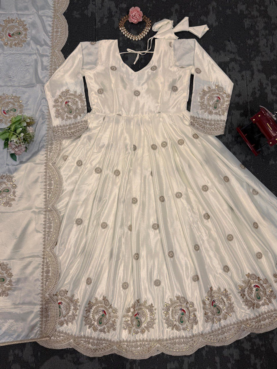 Outstanding Chinon Silk Cream Color Gown