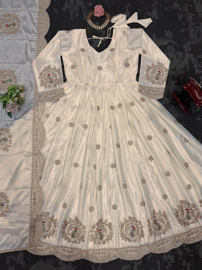 Outstanding Chinon Silk Cream Color Gown