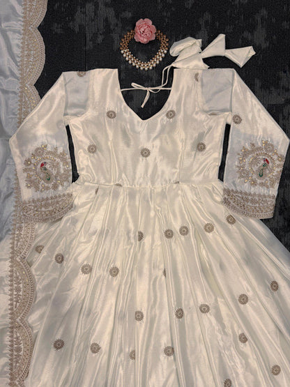Outstanding Chinon Silk Cream Color Gown