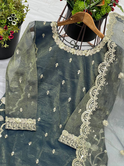 Peaceful Heavy Embroidery Work Green Color Sharara Suit