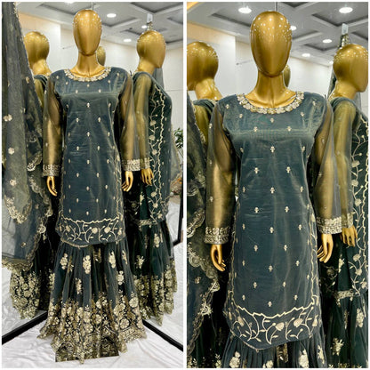 Peaceful Heavy Embroidery Work Green Color Sharara Suit