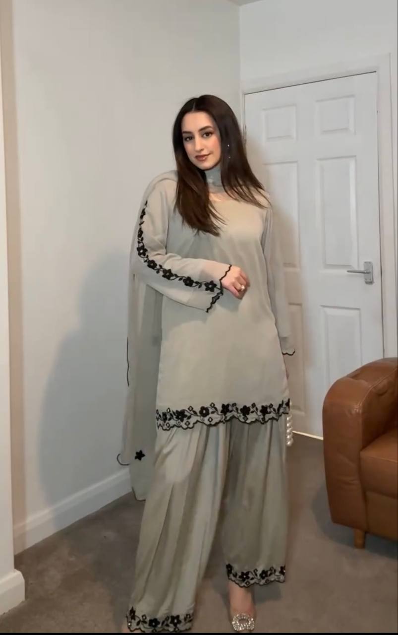 Glimmering Embroidery Work Off White Color Palazzo Suit