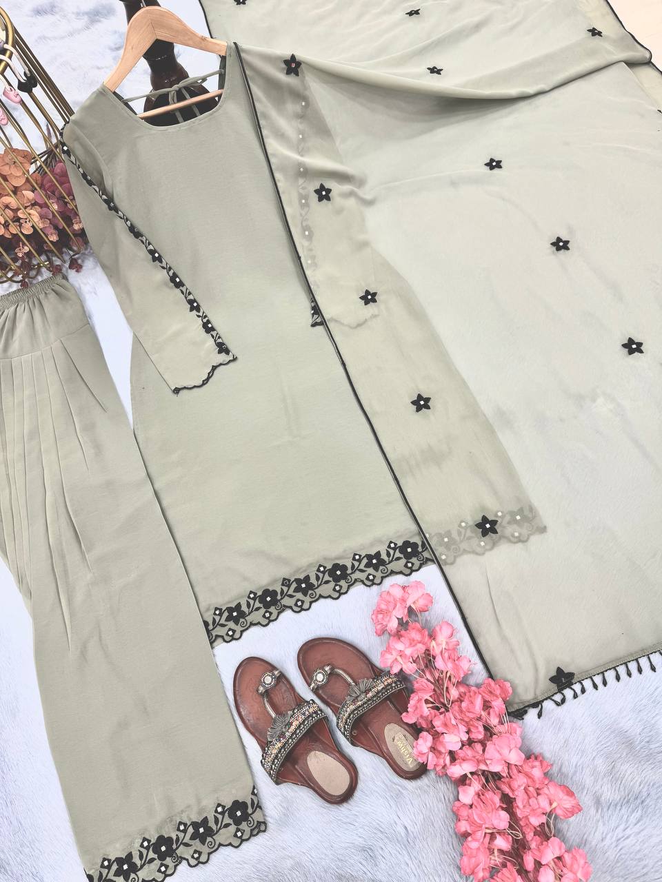 Glimmering Embroidery Work Off White Color Palazzo Suit
