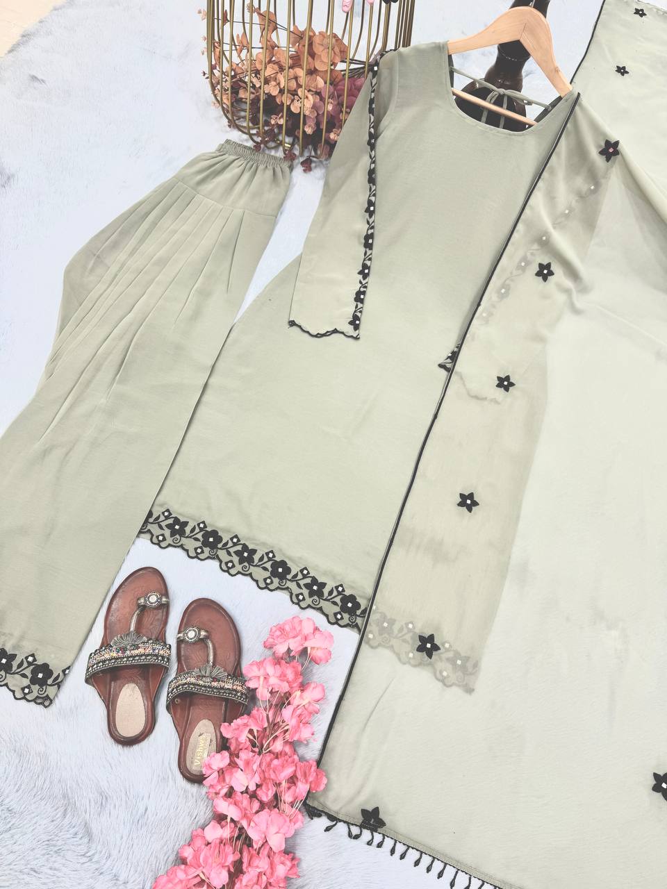 Glimmering Embroidery Work Off White Color Palazzo Suit