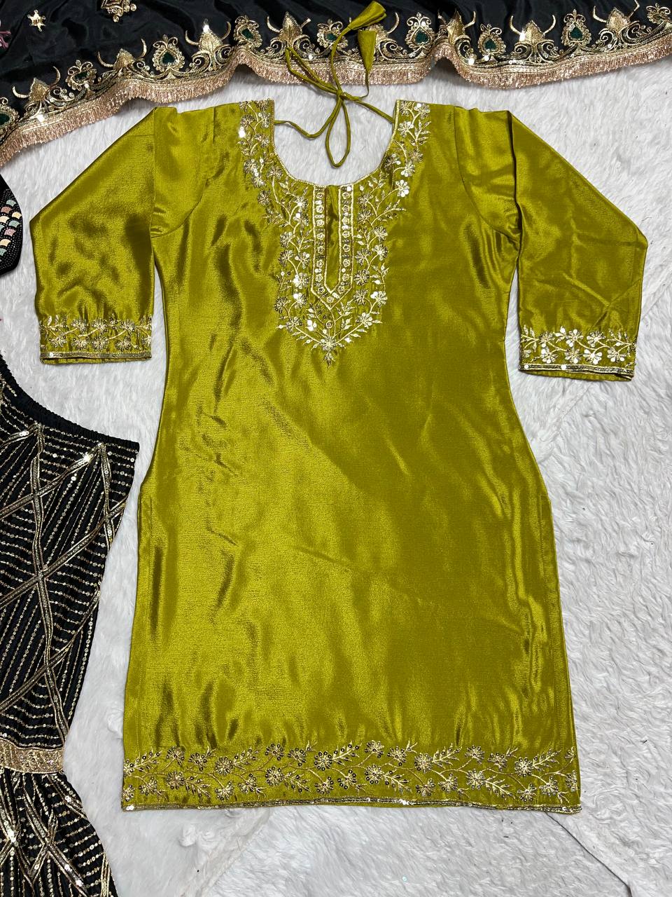 Captivating Chinon Silk Perrot Color Sharara Suit
