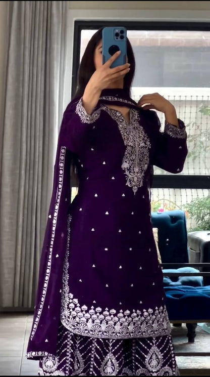 Designer Embroidery Work Purple Color Sharara Suit